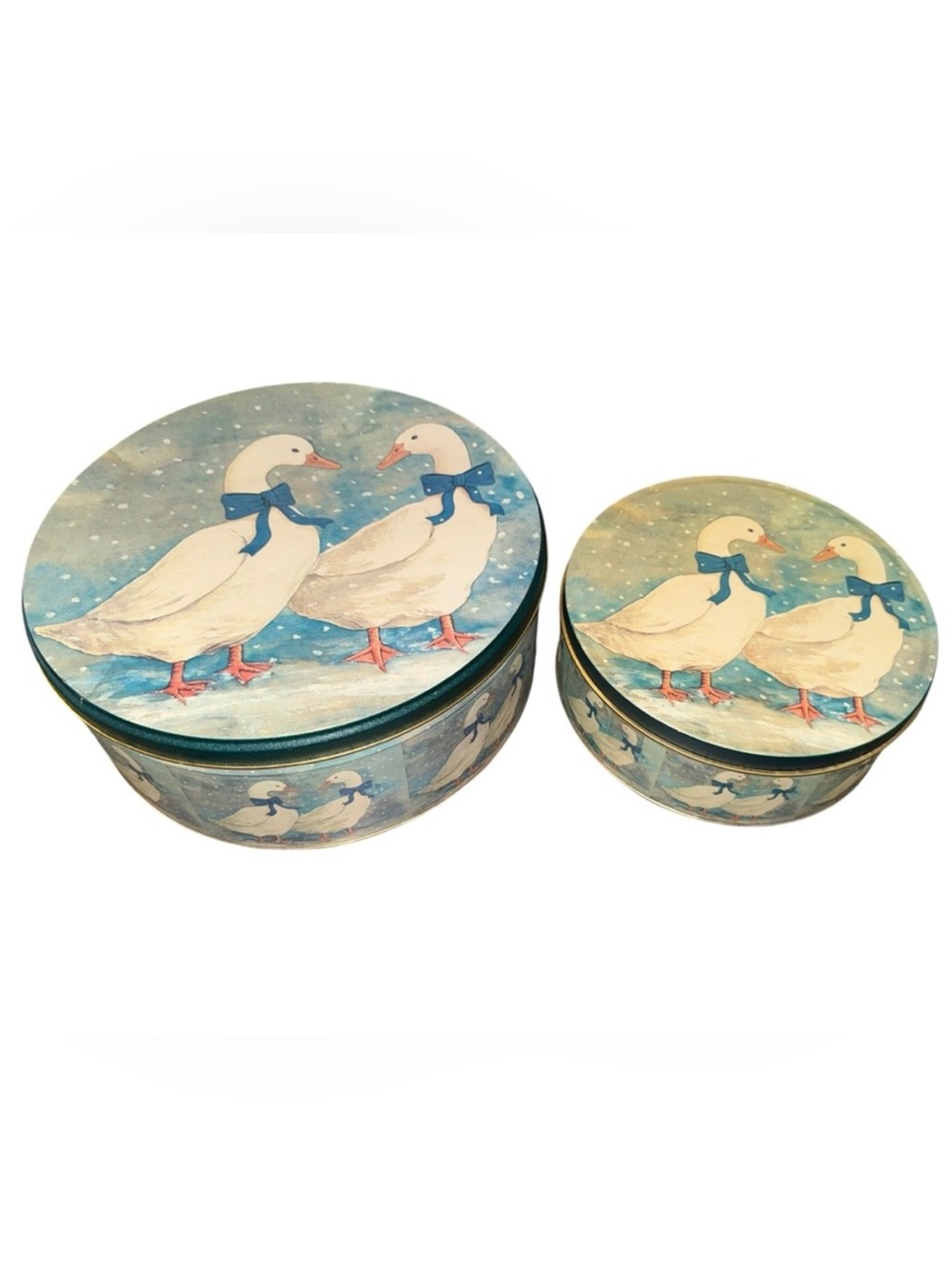 Vintage Set of 2 Winter Ducks with Blue Bows Tins - Round Nesting Containers